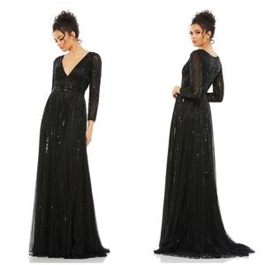 MAC DUGGAL Sequined V Neck Illusion Sleeve A Line Gown
